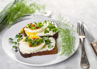 Sandwich with curd cheese, boiled egg and green onions, sprinkled with pink pepper on a light background. Simple and healthy breakfast.