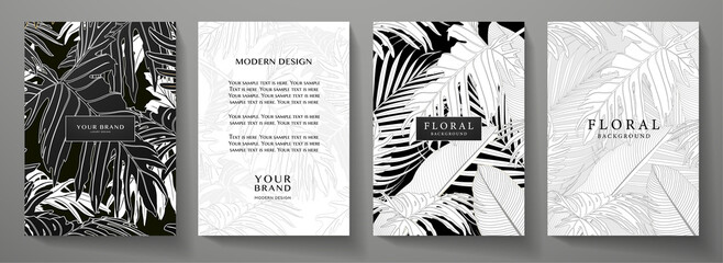 Tropical cover design set with abstract palm leaf pattern (palm tree leaves in lines). Premium black, white vector background useful for brochure template, exotic restaurant menu, lux invitation