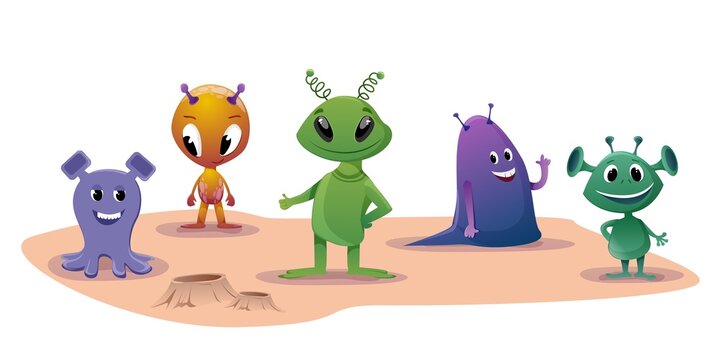 Space cartoon set of Aliens Installed UFOs . Five different funny Monster Spaceship Invaders vector illustration.