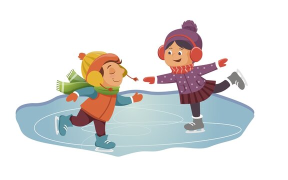 Children in the winter park. Cartoon boy and girl skating on the ice of a frozen river. Cute kids learn to skate in winter. Winter sports. Vector illustration