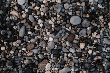 Smooth background with a texture of different sizes of pebbles. Pebble beach. Close-up.