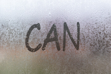 Transparent Glass with drops word can. Background of natural water condensation. Vapour or steam