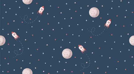 Obraz na płótnie Canvas Pink rocket stars and moon illustration. Pink space seamless pattern. Cosmic background. 