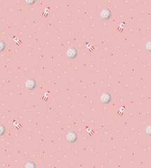 Pink rocket  stars and moon illustration. Pink space  seamless pattern. Cosmic background. 