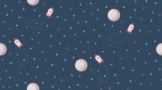 Pink rocket  stars and moon illustration. Pink space  seamless pattern. Cosmic background. 