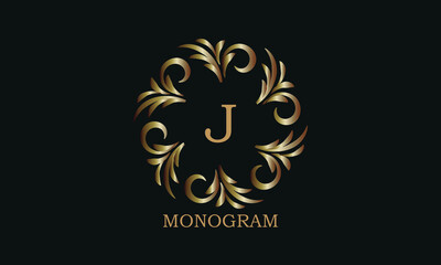 Golden monogram design template with letter J. Round logo, business identity sign for restaurant, boutique, cafe, hotel, heraldic, jewelry.