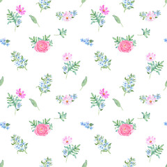 Watercolor flowers seamless pattern. Isolated green and purple leaves, buds of pink flowers on white background. Hand drawn painting.
