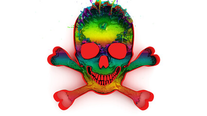 Jolly Roger formed by multicolored liquids, traditional English symbol to identify a pirate ship about to attack, 3d illustration, 3d rendering