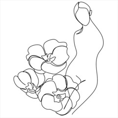 Minimal women's art. One Line Art. Female body with flowers. Women's pose. Wall portrait