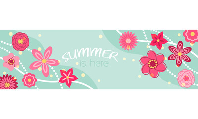 Summer banner with red flowers. Horizontal flyer. Top of site. Vector illustration. Cartoon style