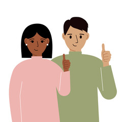 Fototapeta premium Smiling young couple, good mood concept. Positive emotions, happy people, boyfriend and girlfriend showing thumbs up, fun and joy.