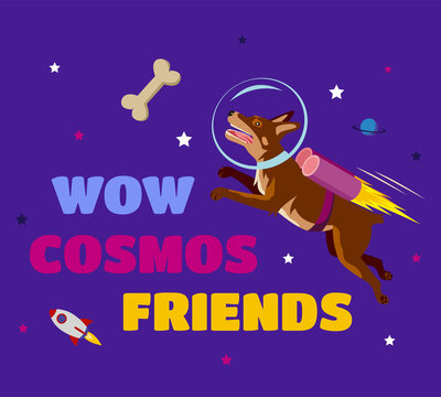 Vector Illustration Of A Cute Astronaut Dog In A Spacesuit Floating In Space With A Dog Bone.