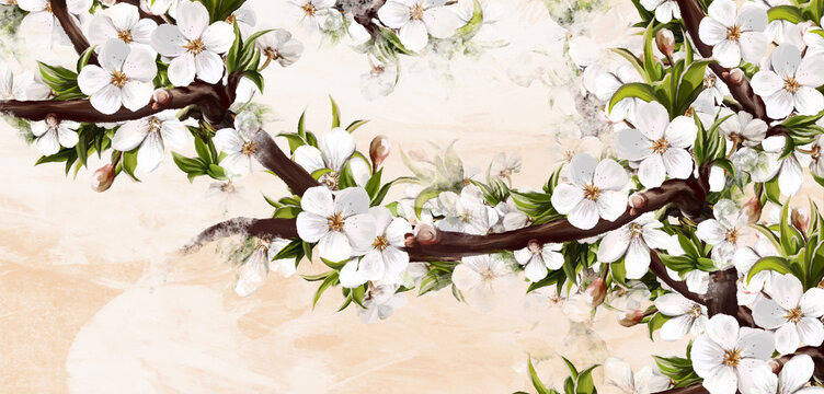 textured beige background with imitation of painting, which depicts flowers and leaves on a branch