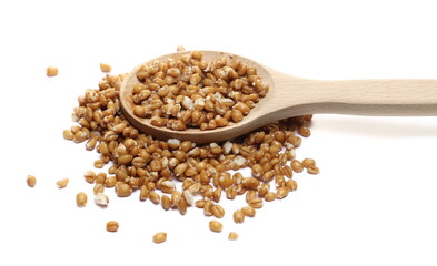 Cooked spelt grain pile in wooden spoon isolated on white