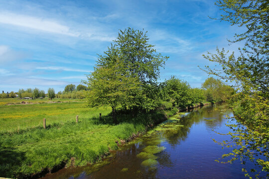 Beautiful rural lower rhine landscape with river Niers, trees, green agricultural field, blue summer sky - Germany, Viersen-S&uuml;chteln