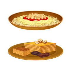 Noodles with Chickpea and Sweet Pastry Dessert as Egyptian Dish Vector Illustration Set