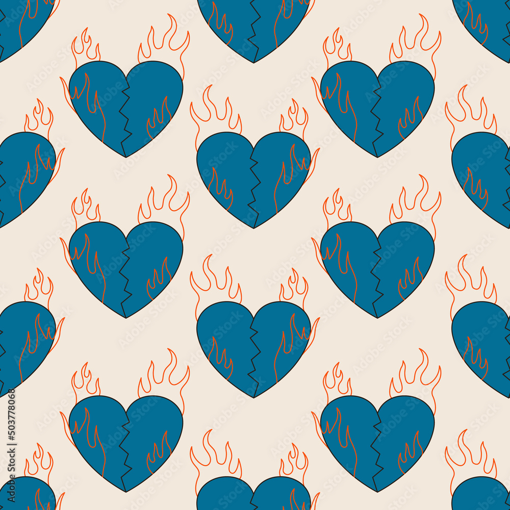 Wall mural Seamless vector pattern with abstract cracked heart in fire. Retro groovy graphic. Cartoon funky background