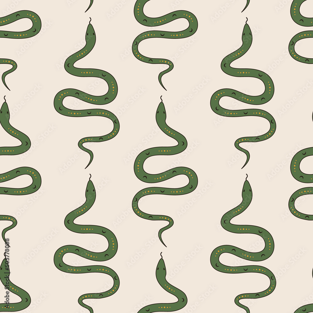 Poster seamless vector pattern with psychedelic snake element. vintage boho background. retro groovy graphi