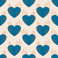 Seamless vector pattern with abstract cracked heart in fire. Retro groovy graphic. Cartoon funky background