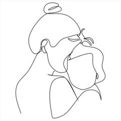 Abstract mother with a child in continuous one line drawing art style. Mother`s Day card. Woman hugging her baby. Happy motherhood concept. Modern vector illustration