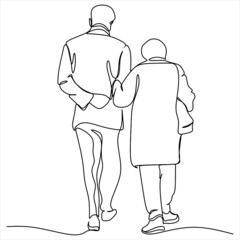 Elderly couple in continuous line art drawing style. Senior man and woman walking together holding hands. Minimalist black linear sketch isolated on white background. Vector illustration
