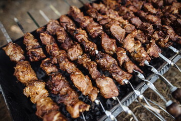 Close up of appetizing barbecue prepared on the grill. Barbecue skewers with juicy meat.
