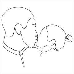 Parent with child in continuous one line drawing artistic style. Father's day card. Dad hugs his child. Happy fatherhood concept. Modern vector illustration