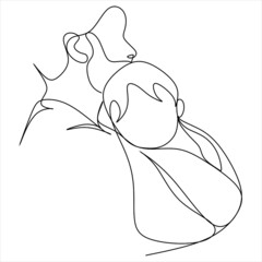 Parent with child in continuous one line drawing artistic style. Father's day card. Dad hugs his child. Happy fatherhood concept. Modern vector illustration