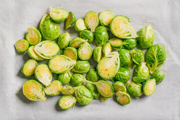 Brussels sprouts. A delicious nutritious meal. Healthy vegetarian food. Brussels sprouts cut in half and baked in the oven. Texture from vegetable food