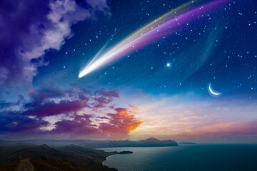 Amazing unreal background: giant colorful comet and rising crescent moon in starry sky over calm sea - obrazy, fototapety, plakaty