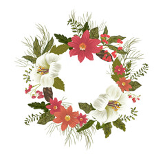 Colorful vintage wreath with wild flowers  and leaves. White and red plants for decorative design. - 503780285