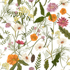Pattern with wild flowers and leaves. Pattern with herbs and daisies. Vintage illustration for fabric design. Foliage pattern. Trendy floral design - 503780292