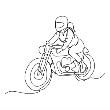 continuous single drawn one line girl woman is riding a motorbike motorcycle bike drawn by hand picture silhouette. Line art.
