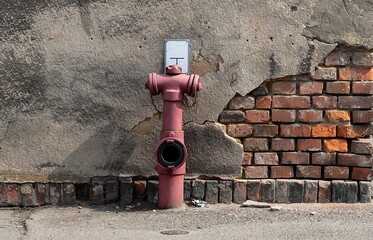 Fire hydrant on the background of an old, shabby wall