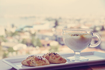 Sweetness for breakfast. Traditional Turkish pudding and cookies. Delicious treat from Turkey