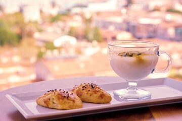 Sweetness for breakfast. Delicious treat from Turkey. Traditional Turkish pudding and cookies