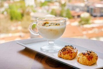 Traditional Turkish pudding and cookies. Sweetness for breakfast. Delicious treat from Turkey