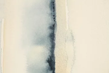 Fotobehang Aquarel Abstract grain grunge watercolor and acrylic flow blot smear painting. Blue and beige color canvas texture horizontal background.  © Liliia