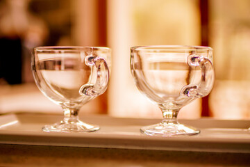 Table setting. Two empty dessert glasses. Preparing for breakfast