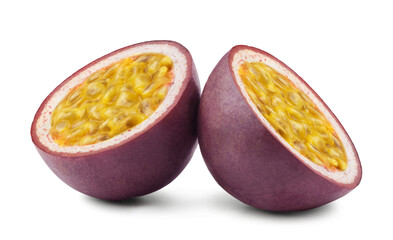 Passion fruit isolated. Two halves of passion fruit on a white background.