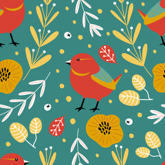 Hand drawn vector seamless pattern with cute little birds