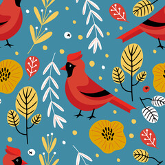 Hand drawn vector seamless pattern with cadrinal birds