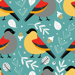 Hand drawn vector seamless pattern with bullfinch birds