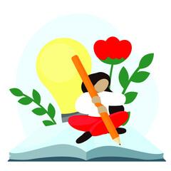 The girl fills out a notebook, diary or questionnaire. Vector illustration.