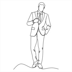 The man is thoughtful, in a suit. Office man. Businessman. full growth. One line. Drawing
