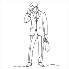 The man is thoughtful, in a suit. Office man. Businessman. full growth. One line. Drawing
