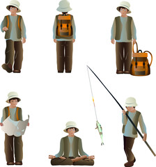 A set of a boy traveler posing in different situations. Tourist with a map, tourist on a fishing trip, meditating, walking, standing, rear view. Vector illustration in a flat style