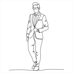 The man is thoughtful, in a suit. Office man. Businessman. full growth. One line. Drawing
