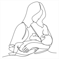 Abstract mother with a child in continuous one line drawing art style. Mother`s Day card. Woman hugging her baby. Happy motherhood concept. Modern vector illustration