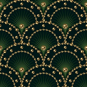 Seamless green pattern with fan shaped grid, gold ball chains, beads, thin color rays inside of grid cell. Classic luxury background.